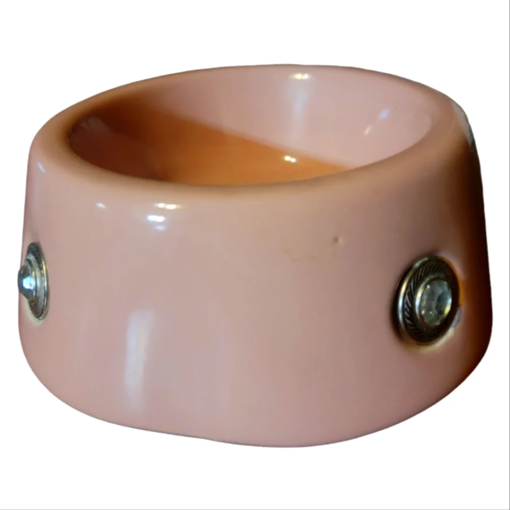 Vtg Pink Cat/Dog Ceramic Concho Rhinestone Boots & Barley No Tip Food Dish Bowl